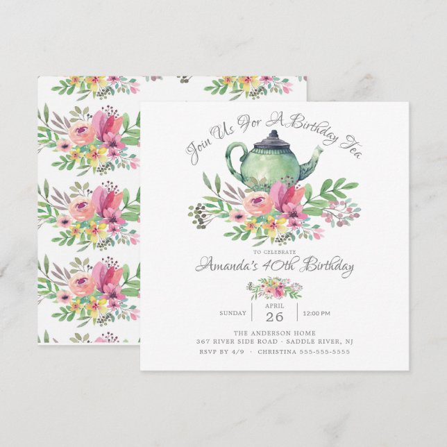 Watercolor Floral Teapot Birthday Party Invitation (Front/Back)