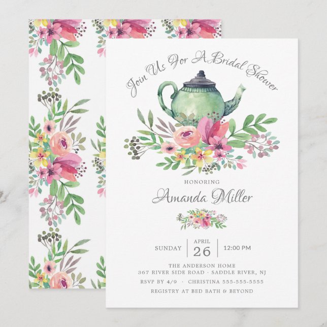 Watercolor Floral Teapot Bridal Shower  Invitation (Front/Back)