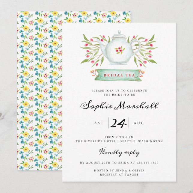 Watercolor Floral Teapot Bridal Shower Invitation (Front/Back)