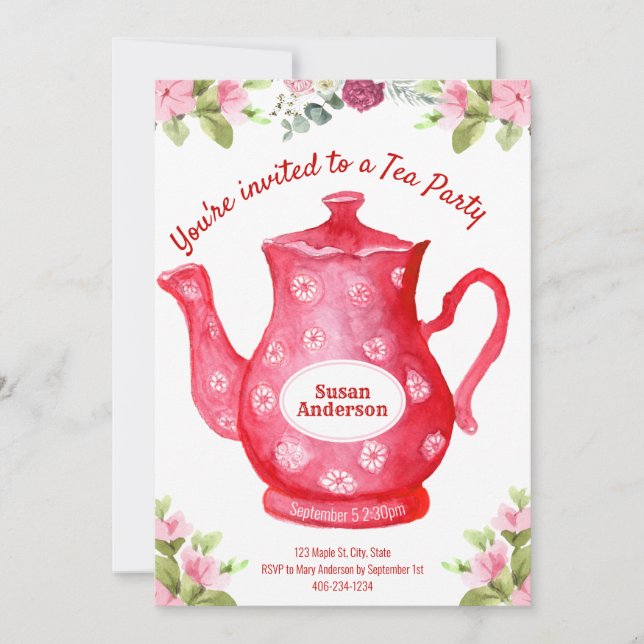 Watercolor Floral Teapot Tea Party Invitation (Front)