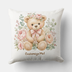 Watercolor Floral Teddy Bear Custom Name Cushion