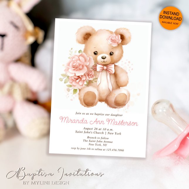 Watercolor Floral Teddy Bear Girl Baptism Invitation (Creator Uploaded)