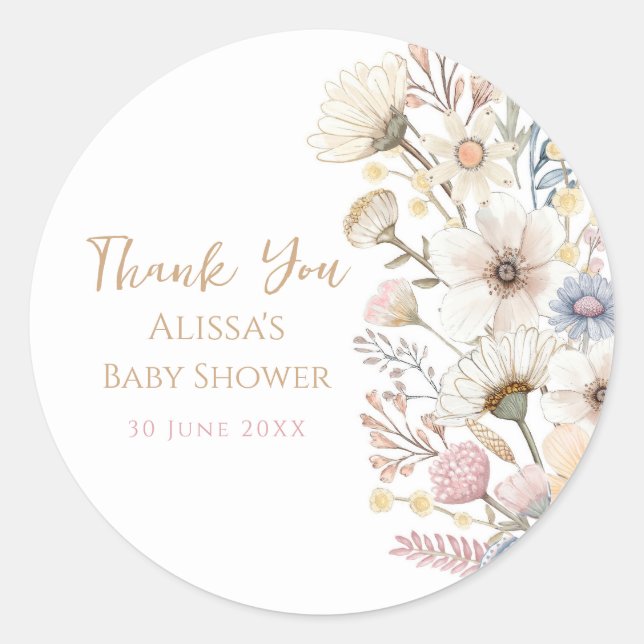 Watercolor Floral Thank You Classic Round Sticker (Front)
