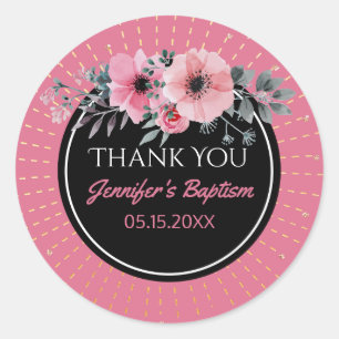Watercolor Floral Thank You Favour   Girl Baptism Classic Round Sticker