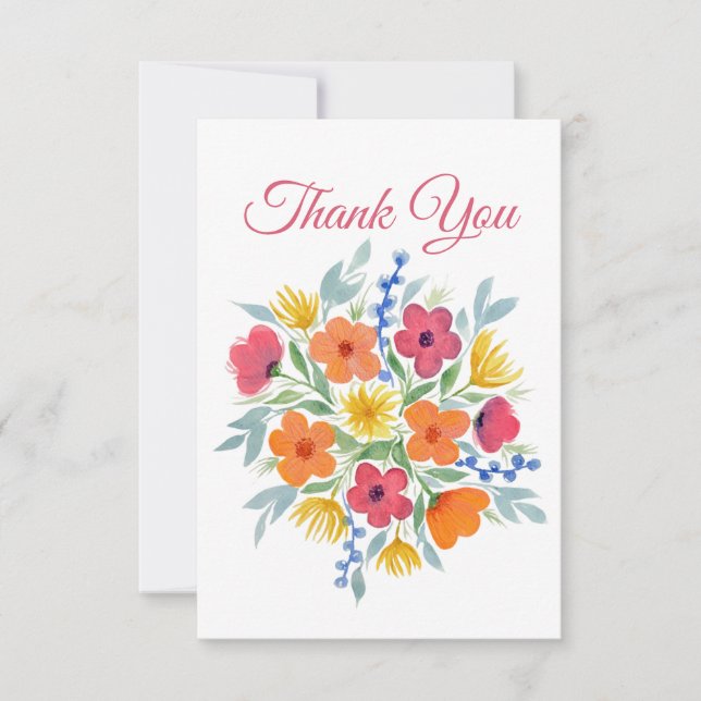 Watercolor Floral "Thank You" Thank You Card (Front)
