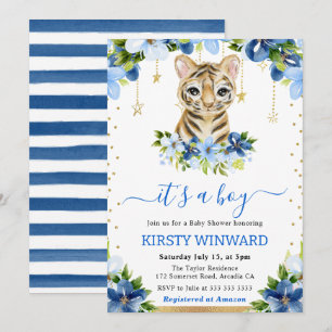 Watercolor Floral Tiger Cub Boy Baby Shower Invitation