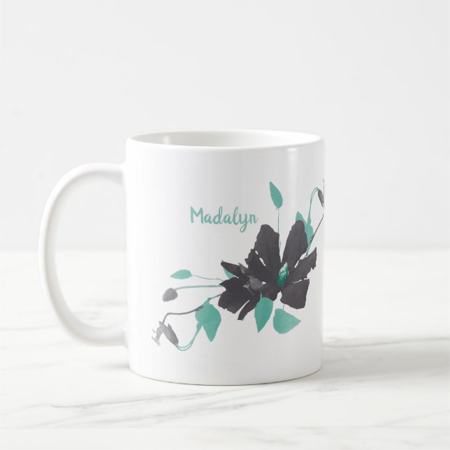 Watercolor Floral Trendy Teal Grey Name Coffee Mug (Left)