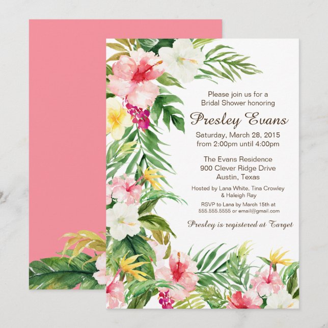 Watercolor Floral Tropical Flowers Bridal Shower Invitation (Front/Back)