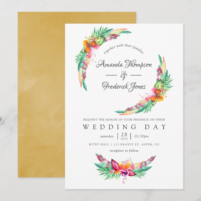 Watercolor Floral Tropical Summer Beach Wedding Invitation (Front/Back)