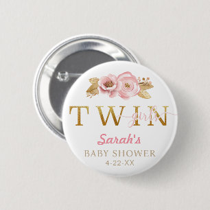 Watercolor Floral Twin Girls Baby Shower Pink Gold 6 Cm Round Badge