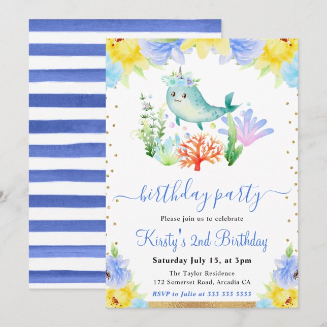 Watercolor Floral Underwater Narwhal Birthday Invitation (Front/Back)
