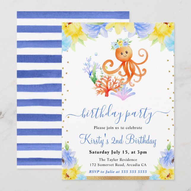 Watercolor Floral Underwater Octopus Birthday Invitation (Front/Back)