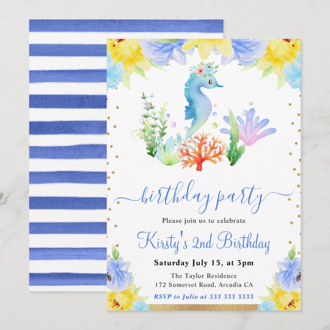 Watercolor Floral Underwater Seahorse Birthday Invitation (Front/Back)