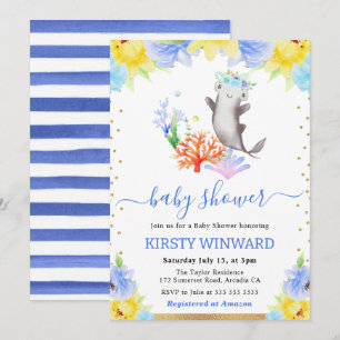 Watercolor Floral Underwater Shark Baby Shower Invitation