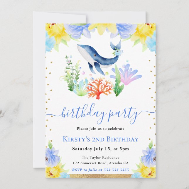 Watercolor Floral Underwater Whale Birthday Party Invitation (Front)