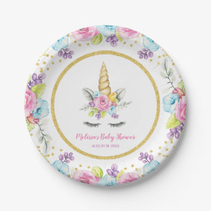 Watercolor Floral Unicorn Baby Shower Paper Plate