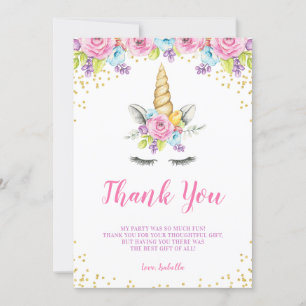 Watercolor Floral Unicorn Birthday Thank You Card