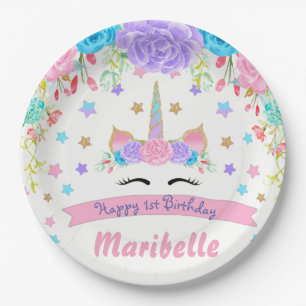 Watercolor Floral Unicorn Face Birthday Party Paper Plate