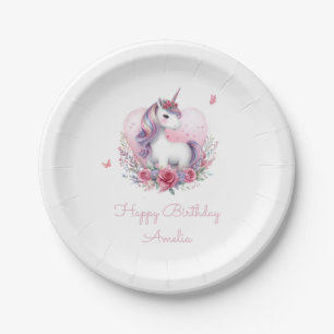 Watercolor Floral Unicorn Magical Birthday Party Paper Plate