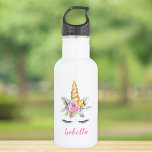 Watercolor Floral Unicorn Personalized Girl 532 Ml Water Bottle<br><div class="desc">Custom unicorn water bottle for a girl. This cute design features watercolor pink,  purple and blue flowers and a unicorn face.</div>