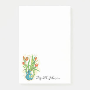 Watercolor Floral Vase Tulips Script Monogram 4x6 Post-it Notes