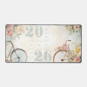 Watercolor Floral Vintage Bicycles Calendar 2026 Desk Mat