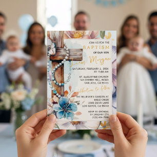 Watercolor Floral Vintage Cross Rosary Baptism Invitation