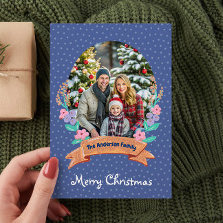 Watercolor Floral Violet Blue Photo Christmas Holiday Card