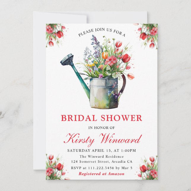 Watercolor Floral Watering Can Bridal Shower Invitation (Front)