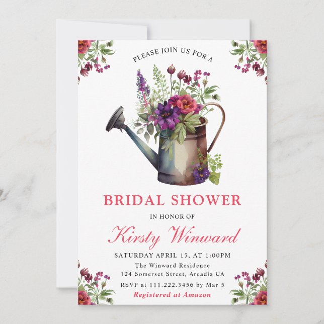 Watercolor Floral Watering Can Bridal Shower Invitation (Front)