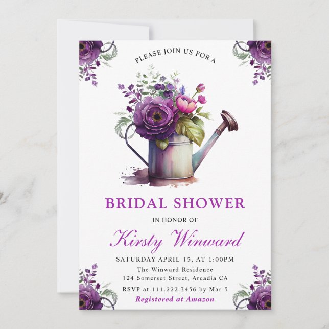 Watercolor Floral Watering Can Bridal Shower Invitation (Front)