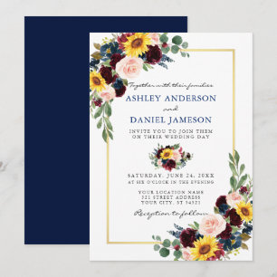 Watercolor Floral Wedding Blue Gold Frame Invitation