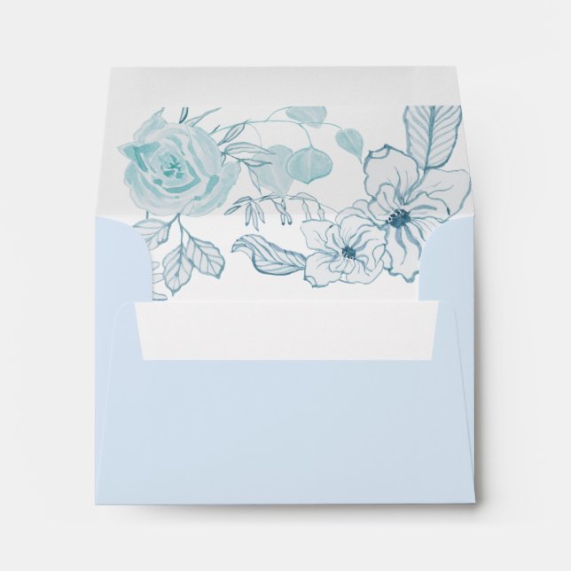 Watercolor Floral Wedding Blue White Leaf Foliage Envelope (Back (Bottom))