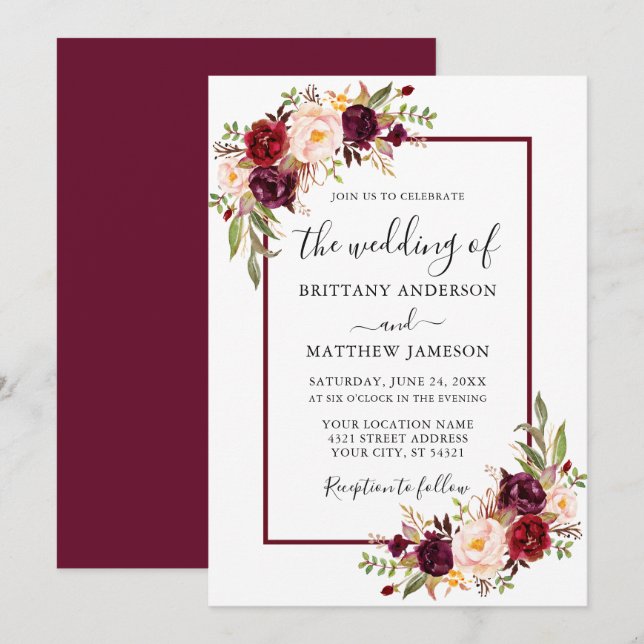 Watercolor Floral Wedding Burgundy Frame Invitation (Front/Back)