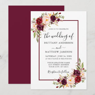 Watercolor Floral Wedding Burgundy Frame Invitation