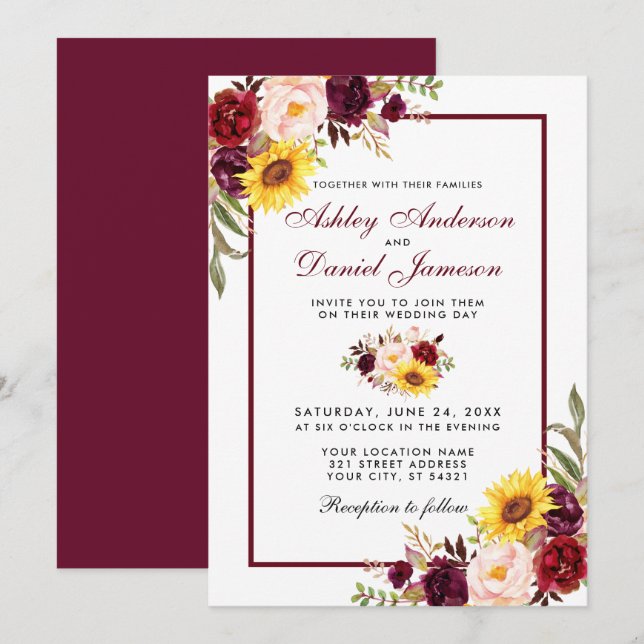 Watercolor Floral Wedding Burgundy Invitation (Front/Back)