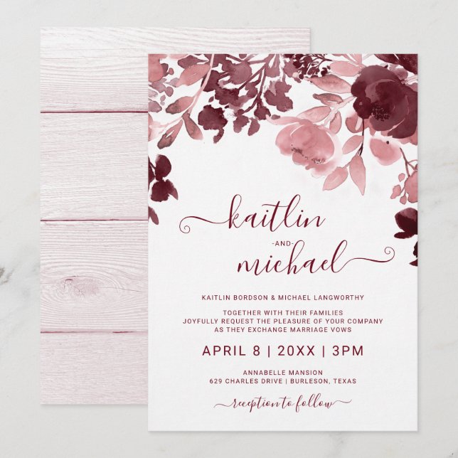 Watercolor Floral Wedding - Burgundy & Pink Invitation (Front/Back)