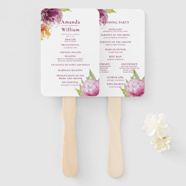 Watercolor Floral Wedding Ceremony Program Hand Fan (Front and Back)
