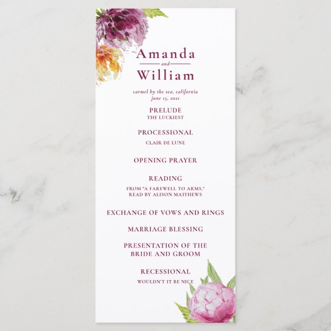 Watercolor Floral Wedding Ceremony Program Programme (Front)