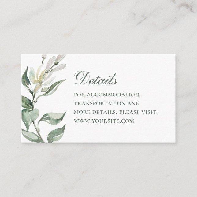 Watercolor floral wedding details. Elegant botanic Enclosure Card (Front)