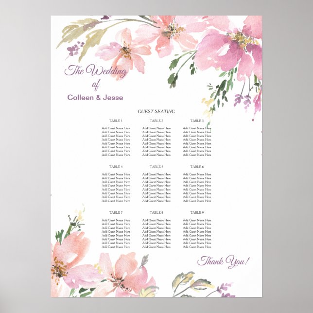 Watercolor Floral Wedding Dinner Seating Chart (Front)