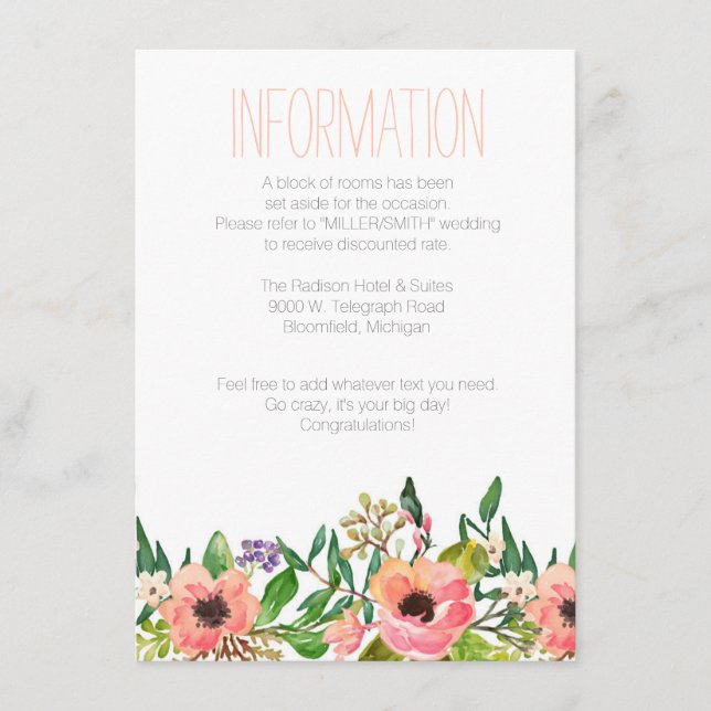 Watercolor Floral Wedding Information Card (Front)