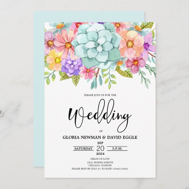 Watercolor Floral Wedding Invitation (Front/Back)