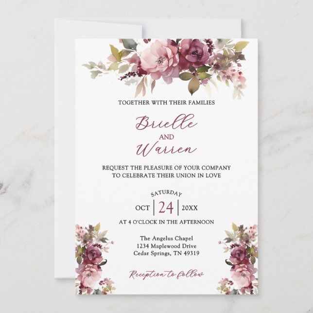 Watercolor Floral Wedding Invitation Burgundy Pink (Front)