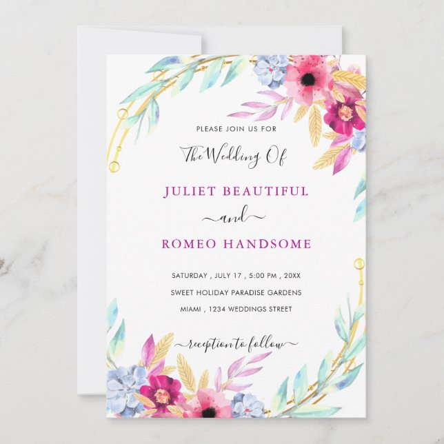 Watercolor Floral Wedding Invitation Example (Front)