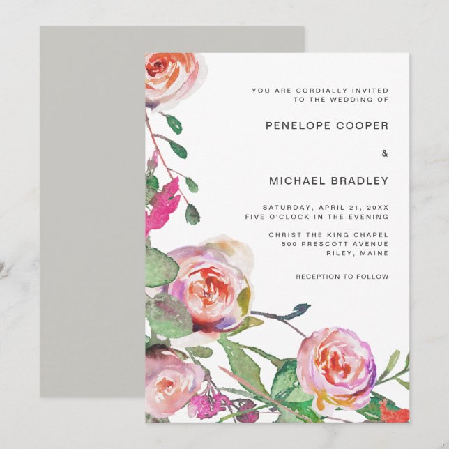 Watercolor Floral Wedding Invitation in Gray (Front/Back)