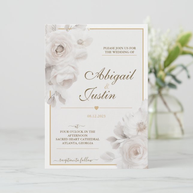 Watercolor Floral Wedding Invitation White Flowers (Standing Front)