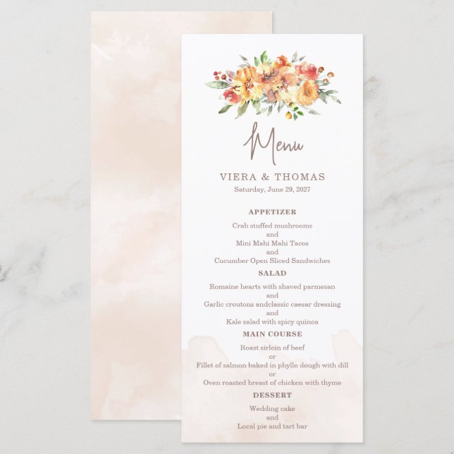 Watercolor Floral Wedding Menu (Front/Back)