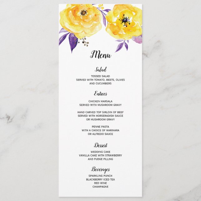 Watercolor Floral Wedding Menu Card (Front)