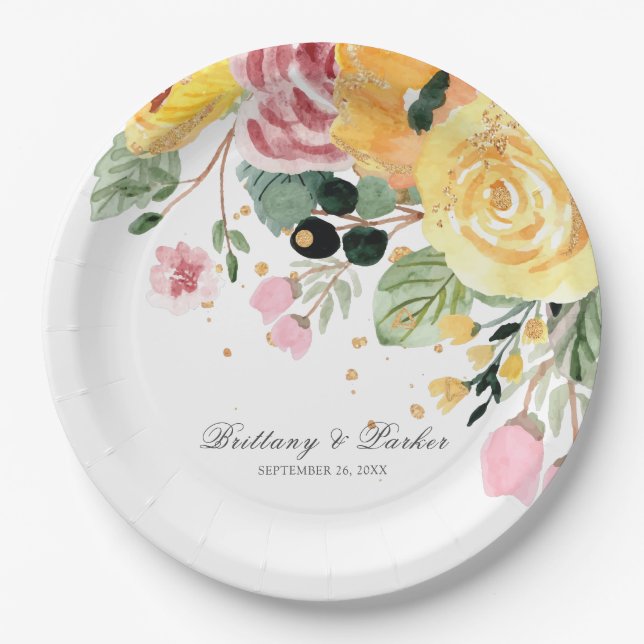 Watercolor Floral Wedding Personalised Paper Plate (Front)